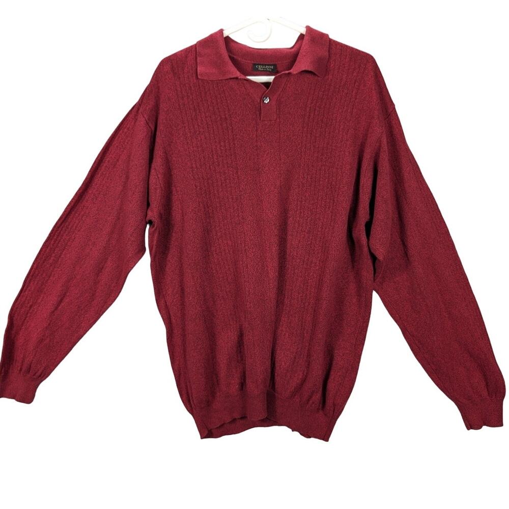 Cellinni Sweater Mens Large Red Polo Pullover Italy Long sleeve Grandpa Vintage